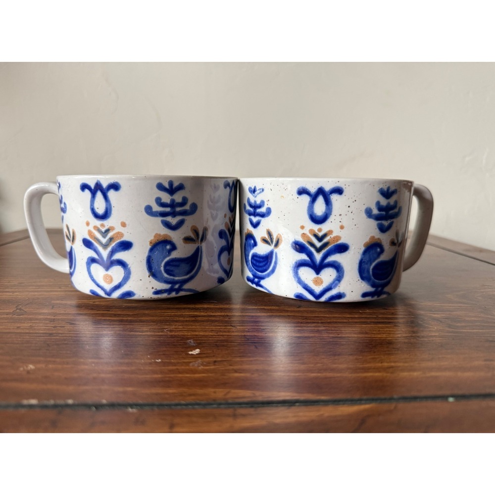 Avant-Garde Gettysburg Blue Bird Folk Art Soup Mugs Set of 2 Japan Stoneware